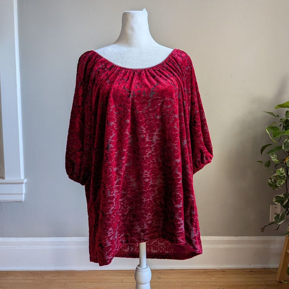 Vintage Rods Red Velvet Top Puff Sleeve Boho Cottage Holidays Christmas Size M